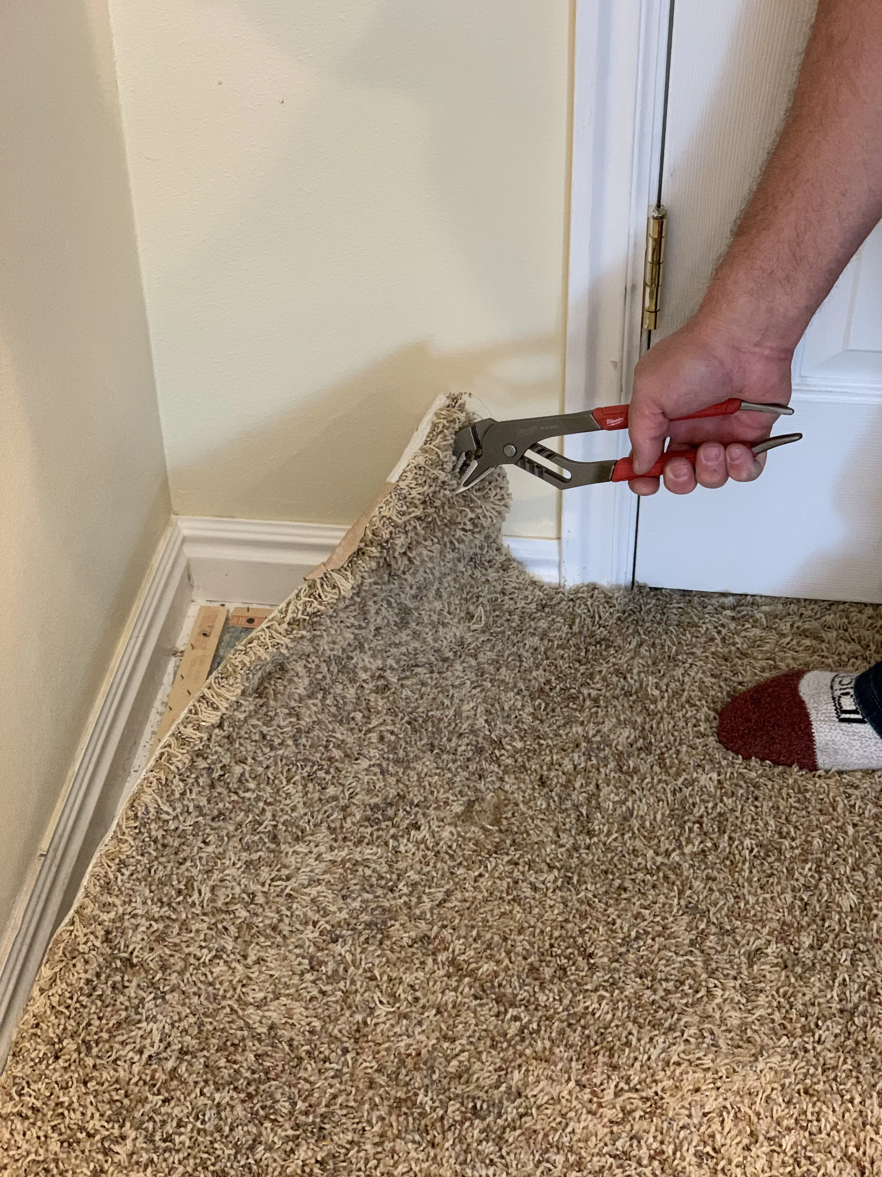 ModJobs helper pulling up old carpet with pliers at a doorway in a Utah home